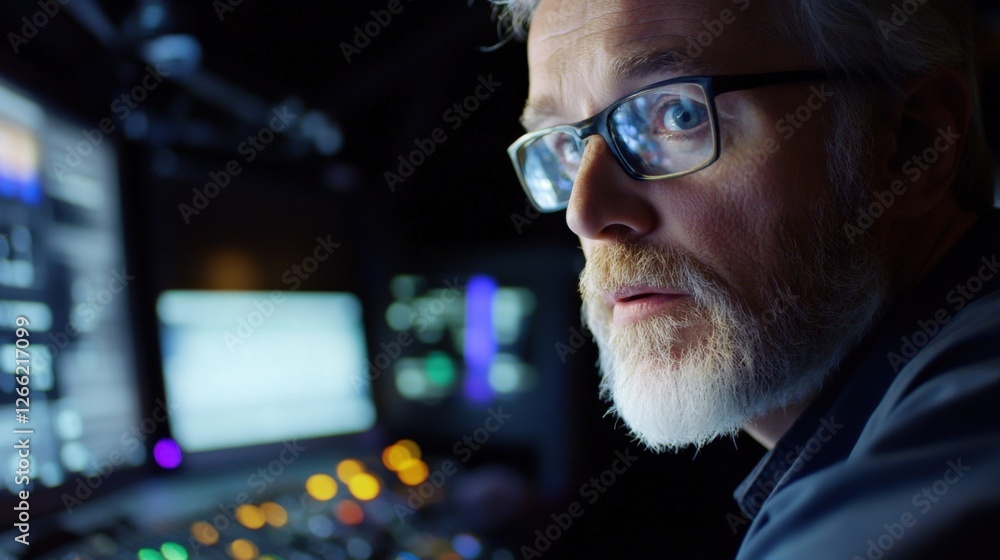 Aufkleber bearded video editor wearing eyeglasses working during night shift using professional video editing 