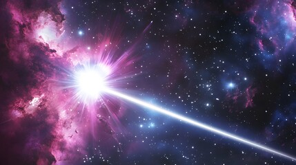 Cosmic radio jet erupts from a luminous source, traversing the vast expanse of deep space
