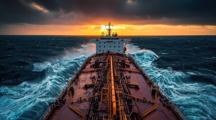 Majestic Oil Tanker Braving Stormy Seas at Sunset