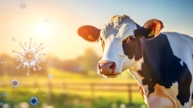 Dairy cow with avian flu virus particles, symbolizing animal health risks and disease prevention