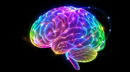 Obraz premium Colorful energy flowing through a glowing digital brain with neural connections on a dark background