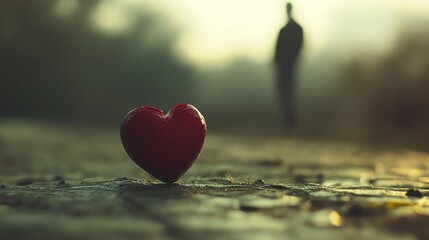 Fototapeta premium Heart Symbol Stands out Against a Blurred Figure in a Natural Setting During Sunset Hours