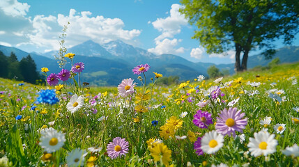 Alpine meadow wildflowers, sunny mountain view, summer