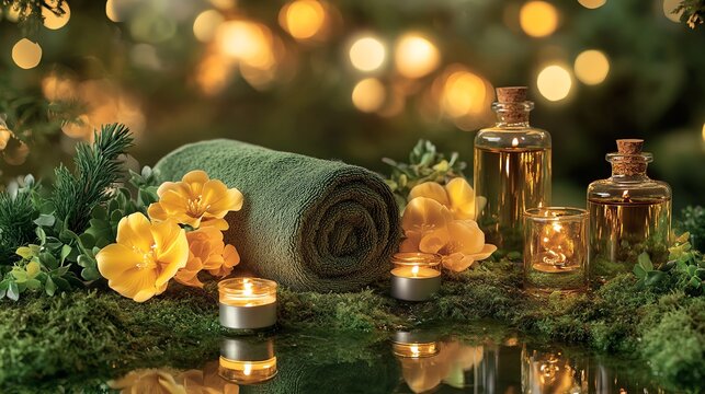 Serene Spa Setup With Essential Oils, Flowers, and Candles Creating a Calming Atmosphere for Relaxation
