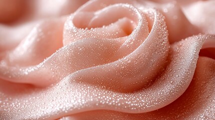 Close-up of a delicate pink rose made of soft fabric, adorned with droplets, creating an elegant texture