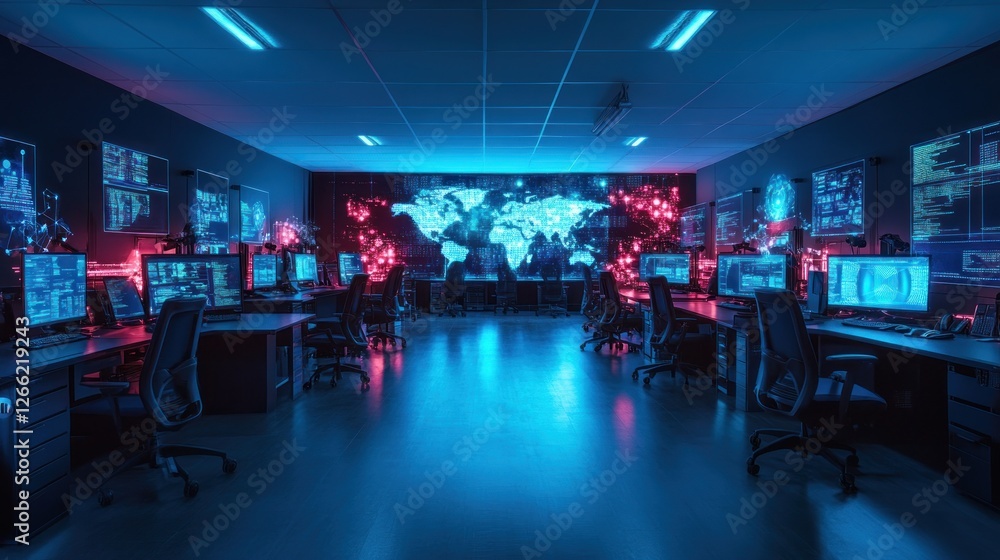 Aufkleber cybersecurity command center: global network monitoring