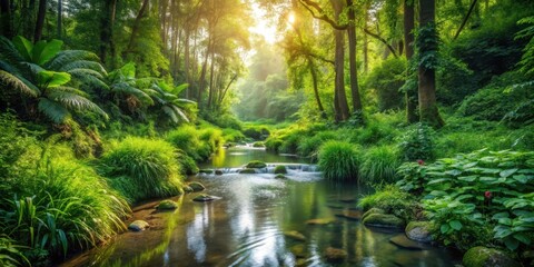 Stream Surrounding Lush Green Plants, forest, peaceful,  forest, peaceful