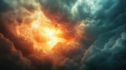 Weather phenomena, close-up of sunlight breaking through storm clouds, dramatic sky