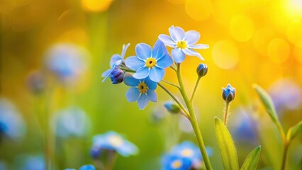 Fototapeta premium Delicate Blue Flowers Basking in Golden Sunlight, a Vivid Springtime Bloom Display