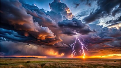 Dark storm clouds with lightning over a vast landscape at sunset, landscape