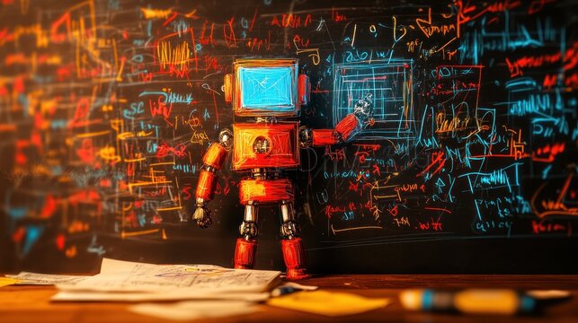 Futuristic Robot Solving Complex Equations on a Chalkboard - Powered by Adobe