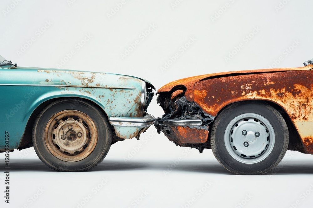 Poster comparison of a dented, rusted car and a professionally repaired vehicle showcasing transformation a