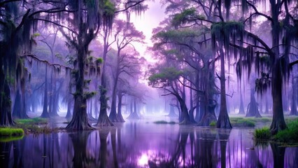 Naklejka premium Mysterious violet swamp at dusk surrounded by misty wetlands and towering trees with Spanish moss hanging from branches, creating an eerie atmosphere, swamp scenery, eerie landscape
