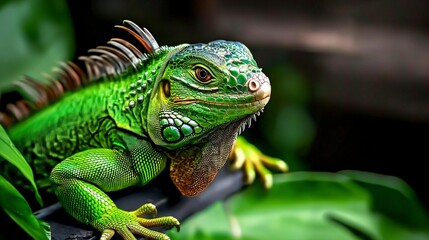 Fototapeta premium Vibrant Green Iguana Portrait Reptile Lizard Exotic Pet Wildlife Nature Tropical Cl