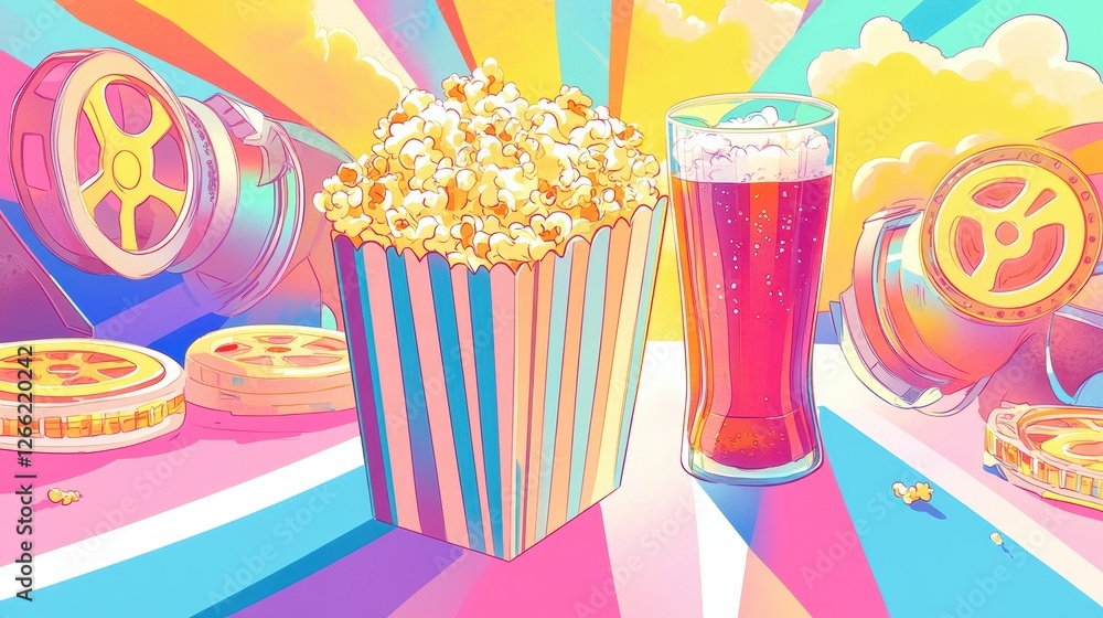 Poster vibrant popcorn and soft drink arrangement with film reels and colorful background on a sunny day. g