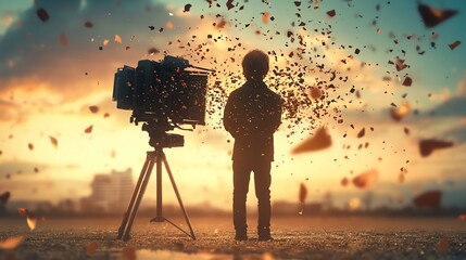 Fototapeta premium Creative Individual Captures Artistic Expression at Sunset While Surrounded by Vibrant Particles Soaring in the Air
