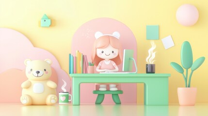 Cute Girl Studying at Pastel Desk  Kawaii Room  3D Render