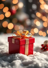 Red gift box with a golden bow and glitter set in snow with bokeh lights embodying festive luxury and holiday sparkle in a magical christmas setting bokeh red bokeh abstract background glow design lig