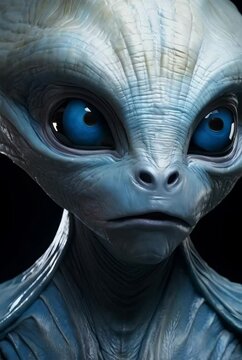 Realistic alien face closeup with blue eyes and grey skin texture. Extraterrestrial creature portrait in dark background. Science fiction character design concept. Vertical video