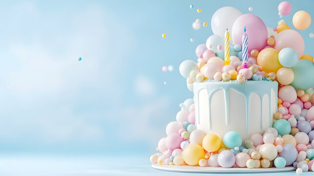 First birthday cake with pastel balloons, celebration