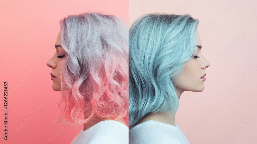 Poster transforming gray hair to vibrant colors in a stylish side by side comparison with clear background.