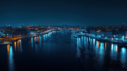 Fototapeta premium Night Cityscape: Dazzling River Reflections