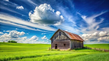 Obraz premium A rustic farm background with a old wooden barn standing alone in a green field under a sunny blue sky with white fluffy clouds , rural scenery, green landscape