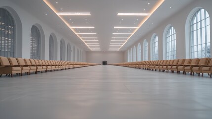 Naklejka premium Empty Modern Hallway with Rows of Chairs Waiting Room Event Space