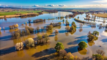 Aerial view of flooded countryside with muddy water and trees submerged near Dobrany , Dobrany, mud,  Dobrany, mud, flooding