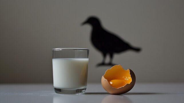 Cracked egg and milk on a surface with avian silhouette, symbolizing food safety and disease prevention
