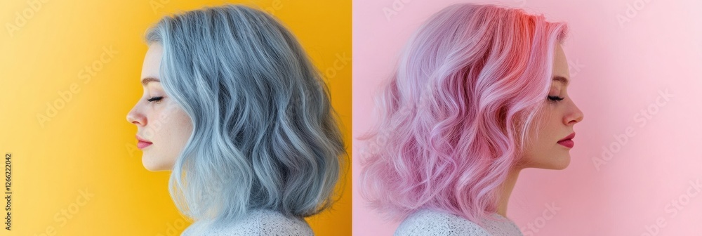 Poster transition from gray hair to vivid colors in a side by side comparison with blank space for text. ge