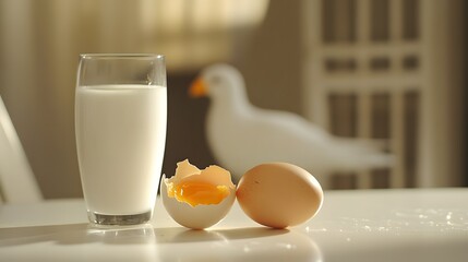 Cracked egg and milk on a surface with avian silhouette, symbolizing food safety and disease prevention