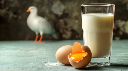 Cracked egg and milk on a surface with avian silhouette, symbolizing food safety and disease prevention