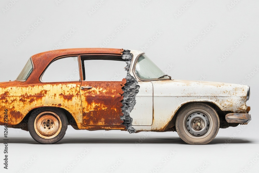 Poster Side by side comparison of a rusted car and a restored vehicle illustrating extreme transformation and repair. Generative AI