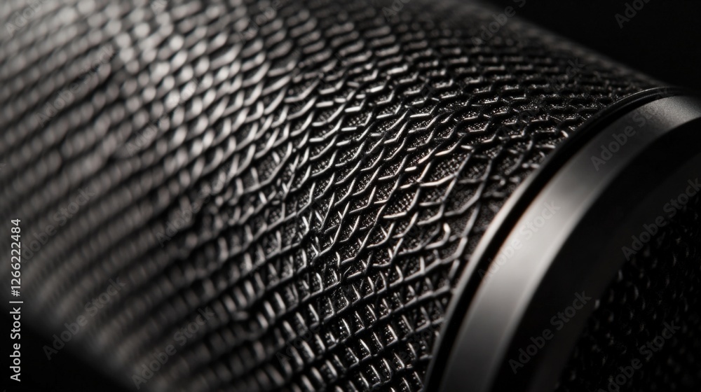 Poster close up of a professional condenser microphone, highlighting the intricate grid pattern, showcasing