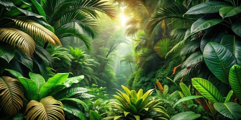 Obraz premium Dense jungle foliage with vibrant greens and warm browns creating a natural, organic look, leaves, nature, leaves, nature