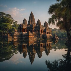 Fototapeta premium A perfect reflection of a historic temple in a still lake.