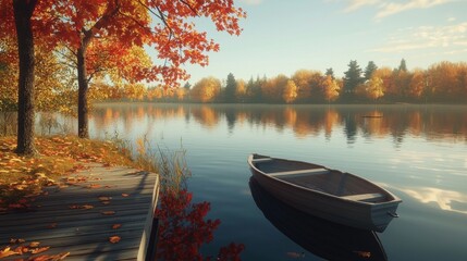 Obraz premium Serene Autumn Landscape with a Boat on Calm Water Surrounded by Colorful Trees and Reflections in Soft Morning Light