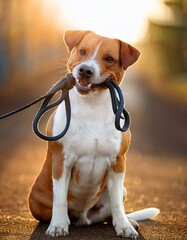 chien assis et souriant attendant son maitre pour partir en balade avec sa laisse en ia