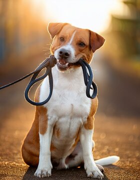 chien assis et souriant attendant son maitre pour partir en balade avec sa laisse en ia