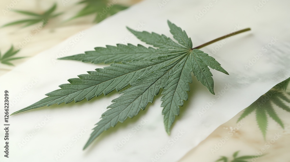 Poster close-up of a vibrant green cannabis leaf on a smooth surface with subtle leaf patterns in the backg