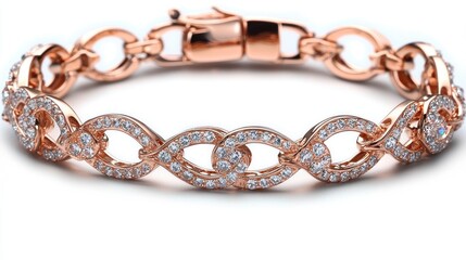 Rose gold bracelet with diamonds, studio shot, isolated on white background