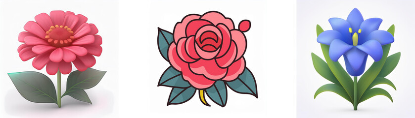 Three flower illustrations in pink, red, and blue colors. Each flower has green leaves and a stem. The style is simple and cartoonish.
