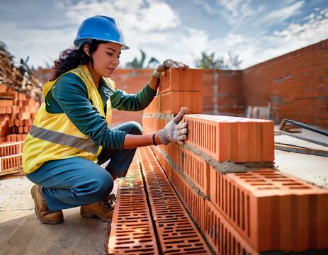 femme ma&ccedil;on construit un mur avec des briques rouges et du mortier sur un chantier de construction de maison en ia