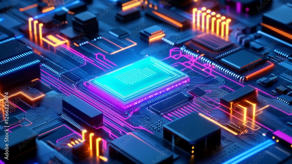 Poster cybernetic visualization of big data, illuminated circuits and digital nodes processing vast informa