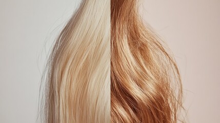 Fototapeta premium Comparison of healthy smooth hair and brittle damaged hair reveals differences in texture and appearance. Generative AI