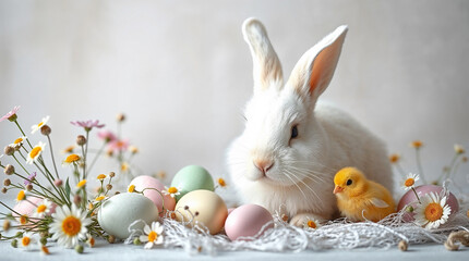 Easter bunny, chick and eggs on pastel background