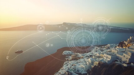 Aerial view of Santorini with seismic symbols, distant emergency vehicles during earthquake swarm, capturing tension and urgency