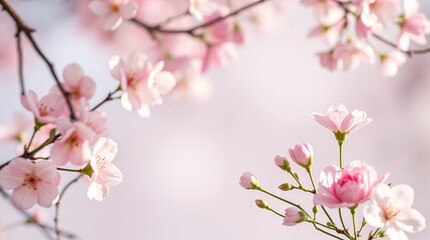 Fototapeta premium Pink spring flowers on pink background