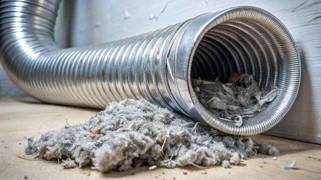 Flexible aluminum dryer vent duct filled with lint,, debris, appliance repair